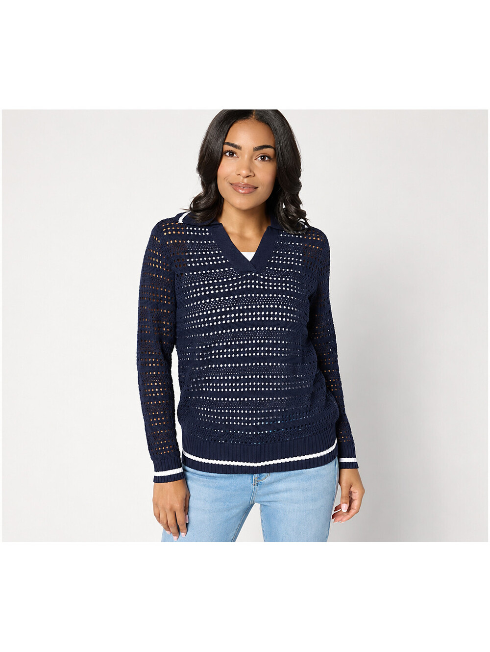 Joan Rivers Collared Long Sleeve Cotton Open Stitch Sweater Navy, X-Large